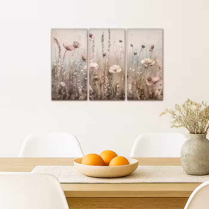 Meerluik schilderij -  3 luiken - Bloemen - Beige - Modern - Roze