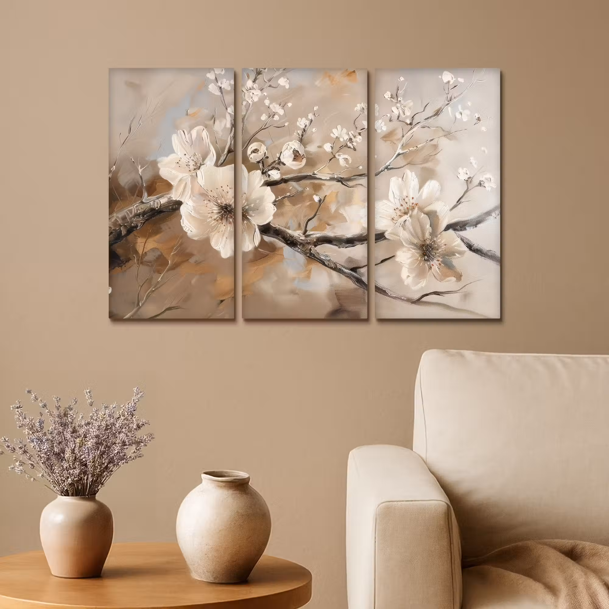Meerluik schilderij - 3 luiken - Bloesem - Beige - Abstract - Bloemen