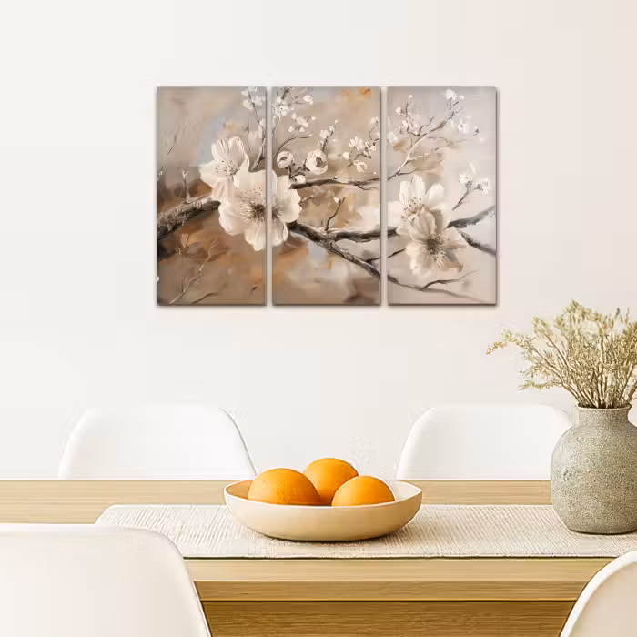 Meerluik schilderij -  3 luiken - Bloesem - Beige - Abstract - Bloemen