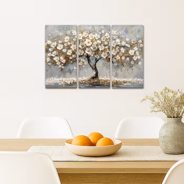 Meerluik schilderij -  3 luiken - Boom - Abstract - Wit - Bloesem