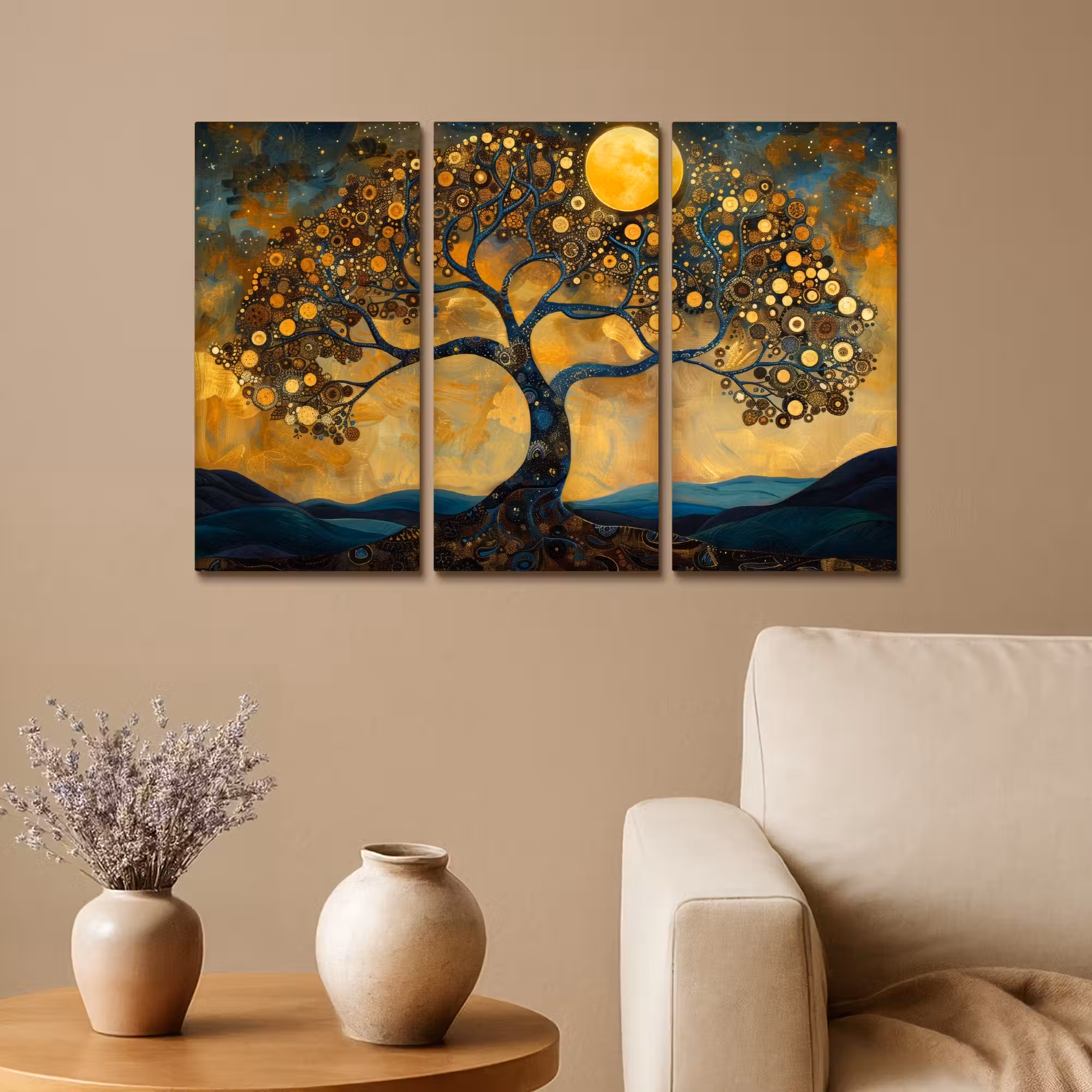 Meerluik schilderij - 3 luiken - Boom - Geel - Abstract - Modern