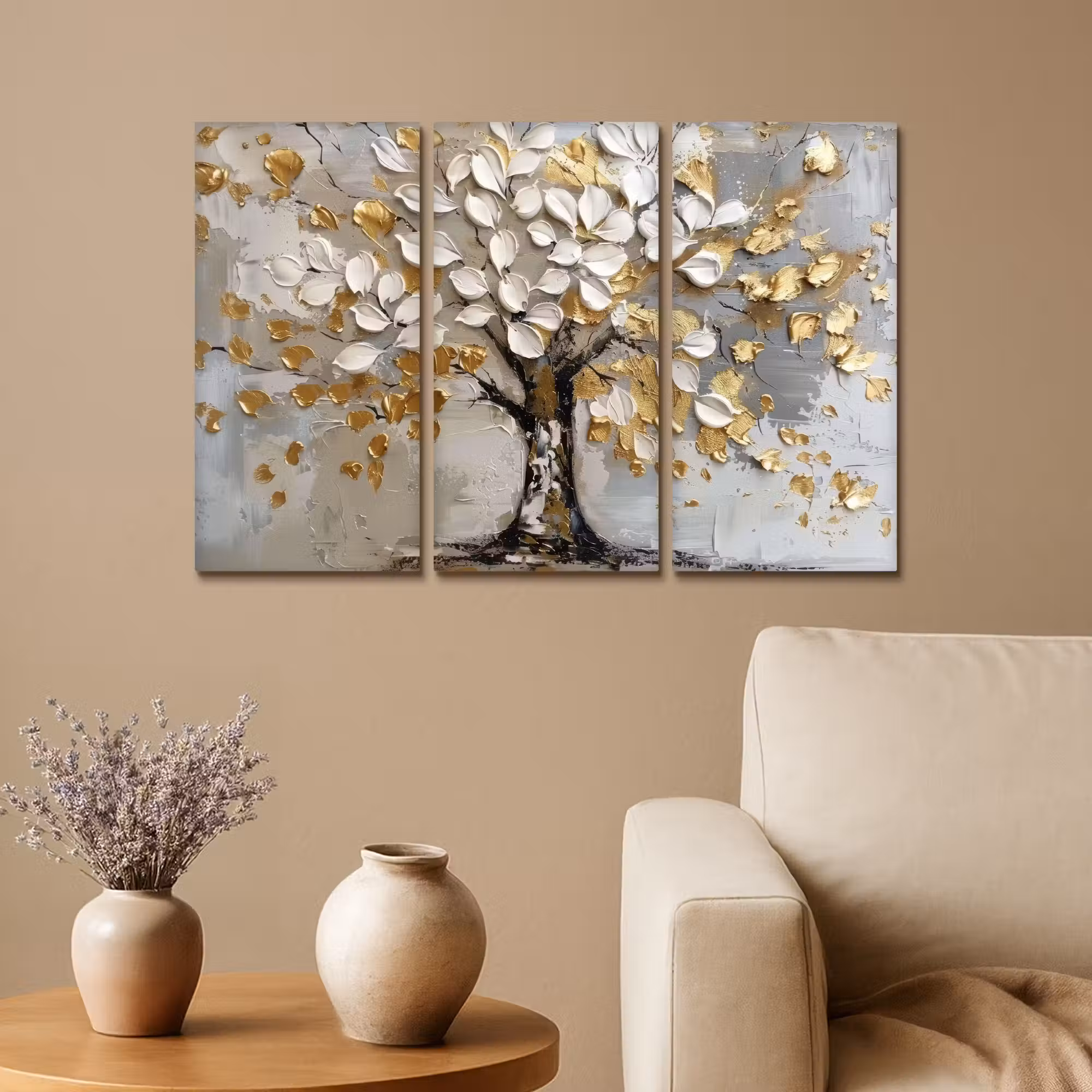 Meerluik schilderij - 3 luiken - Boom - Wit - Goud - Verflook