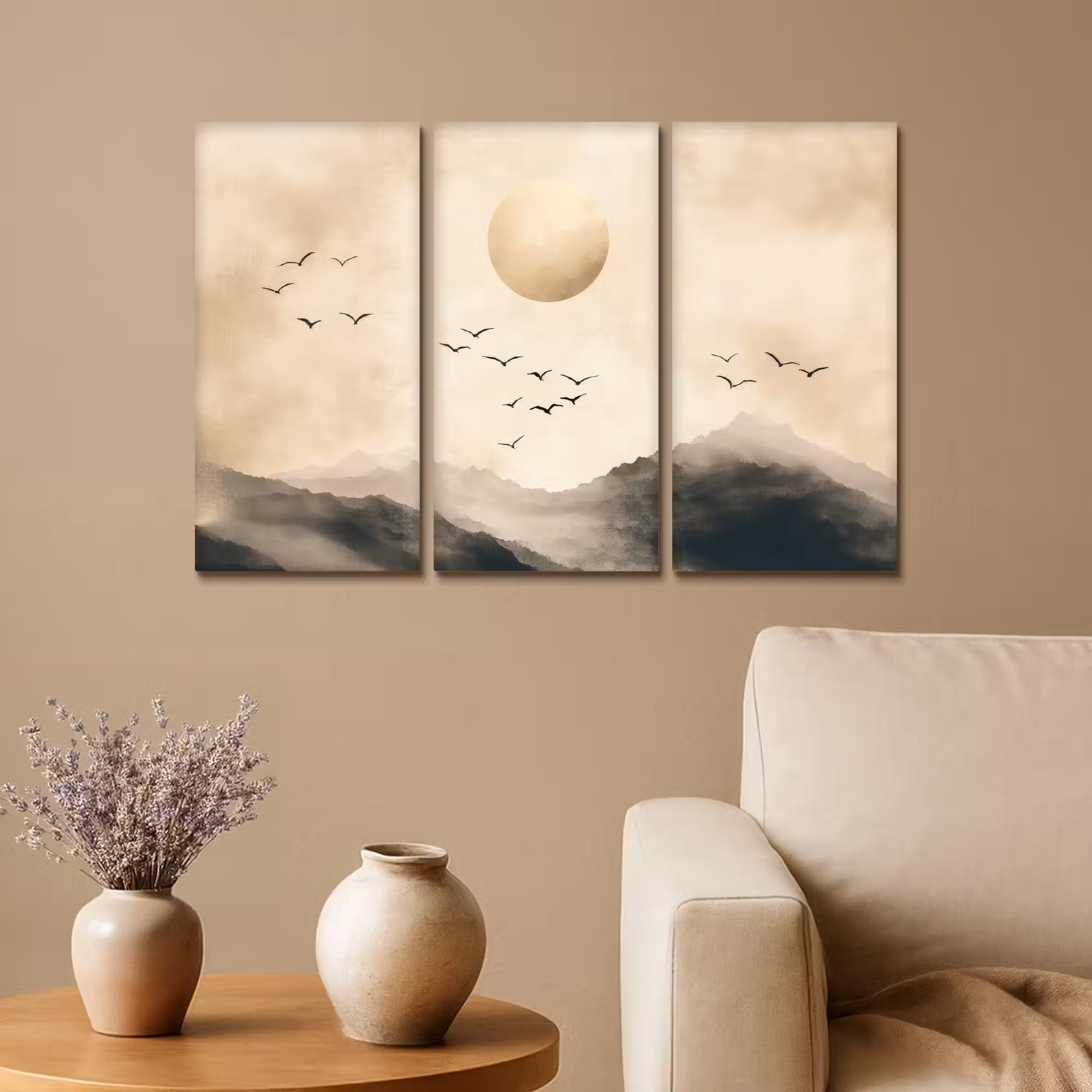 Meerluik schilderij - 3 luiken - Landschap - Japandi - Beige - Vogels