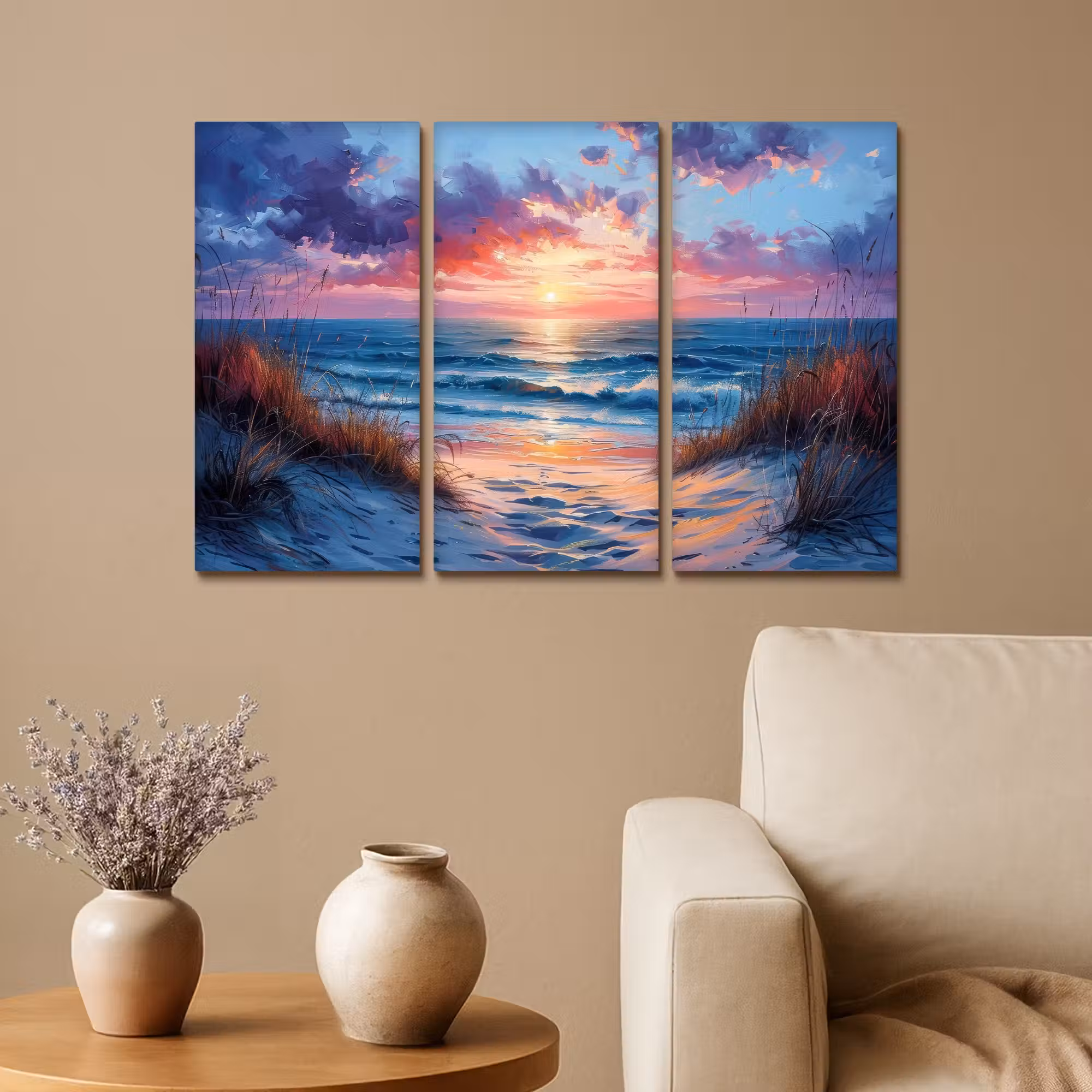 Meerluik schilderij - 3 luiken - Strand - Blauw - Verf - Paars