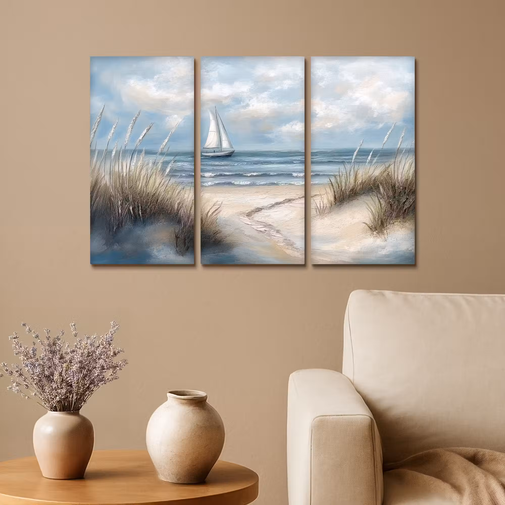 Meerluik schilderij - 3 luiken - Strand - Verf - Natuur - Boot