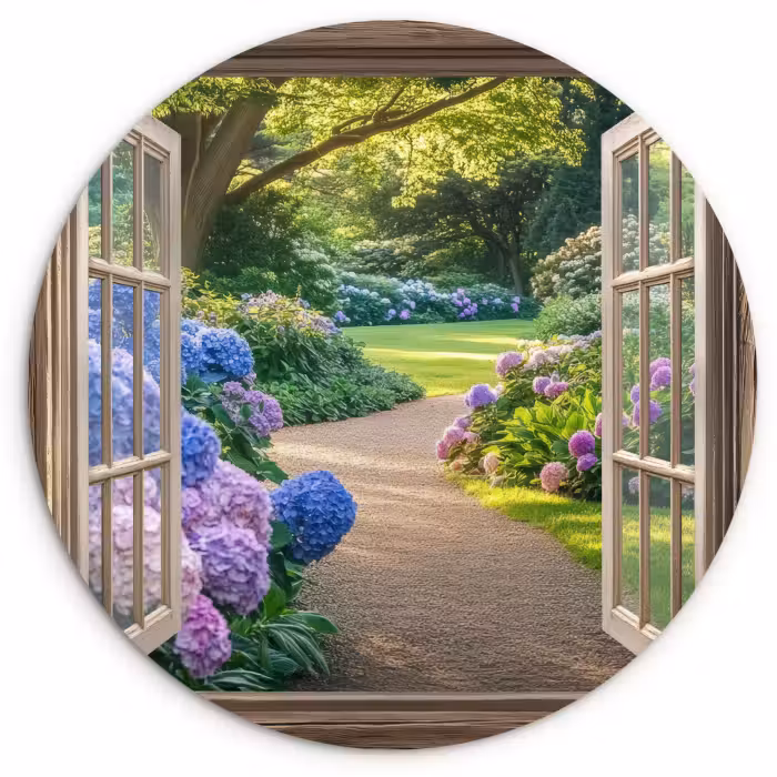 Muurcirkel - Doorkijk - Tuin - Raam - Hortensia - Bloemen