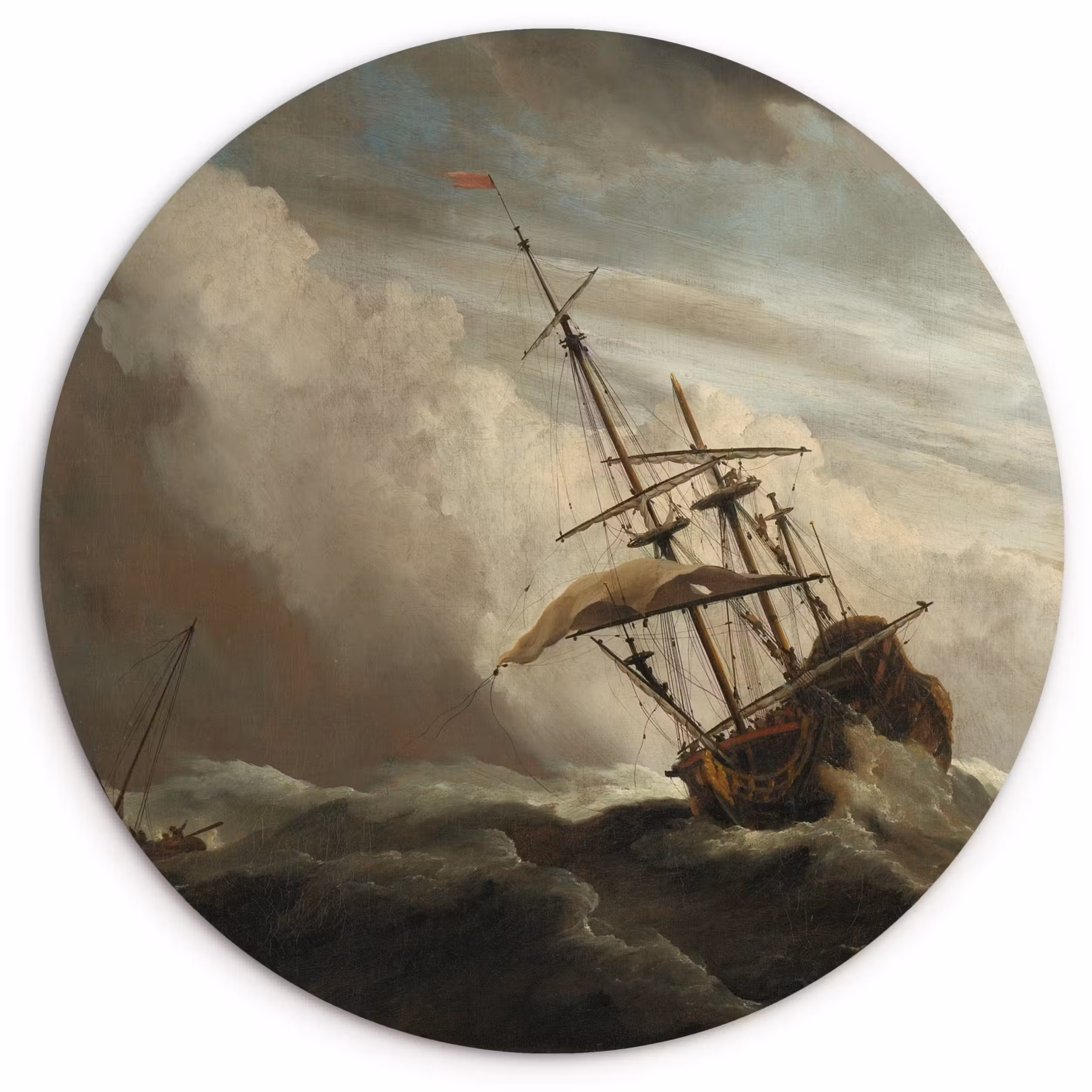 Muurcirkel - Een schip in volle zee bij vliegende storm - Schilderij van Willem van de Velde