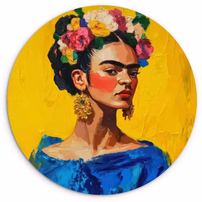 Muurcirkel - Frida Kahlo - Vrouw - Geel - Blauw - Bloemen