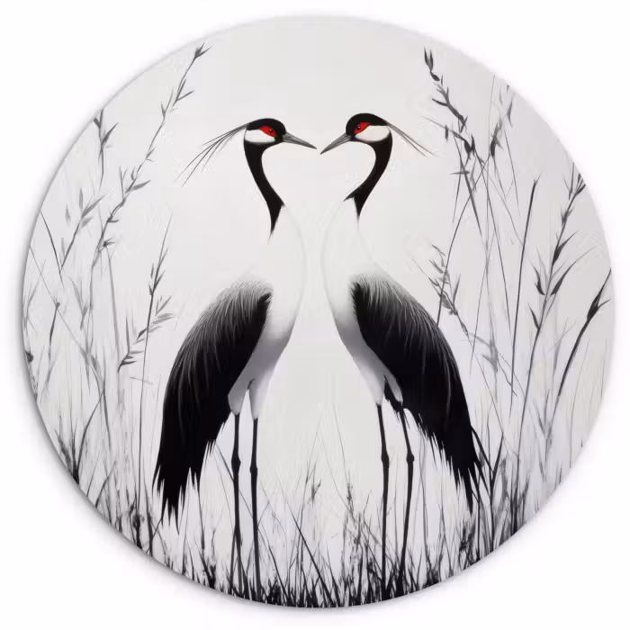 Muurcirkel glas - Kraanvogels - Gras - Hartvorm - Zwart
