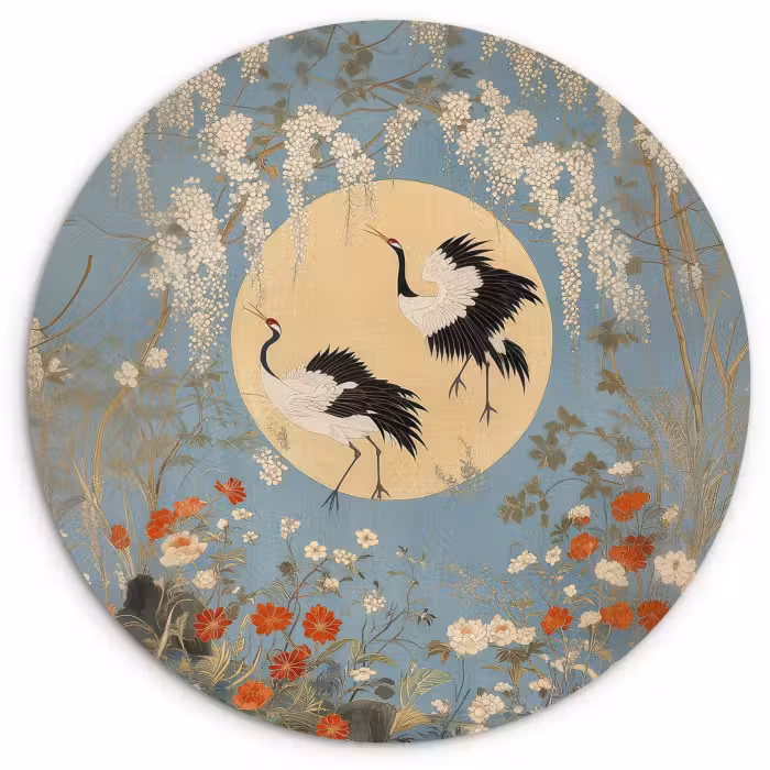 Muurcirkel glas - Kraanvogels - Maan - Bloemen - Blauw