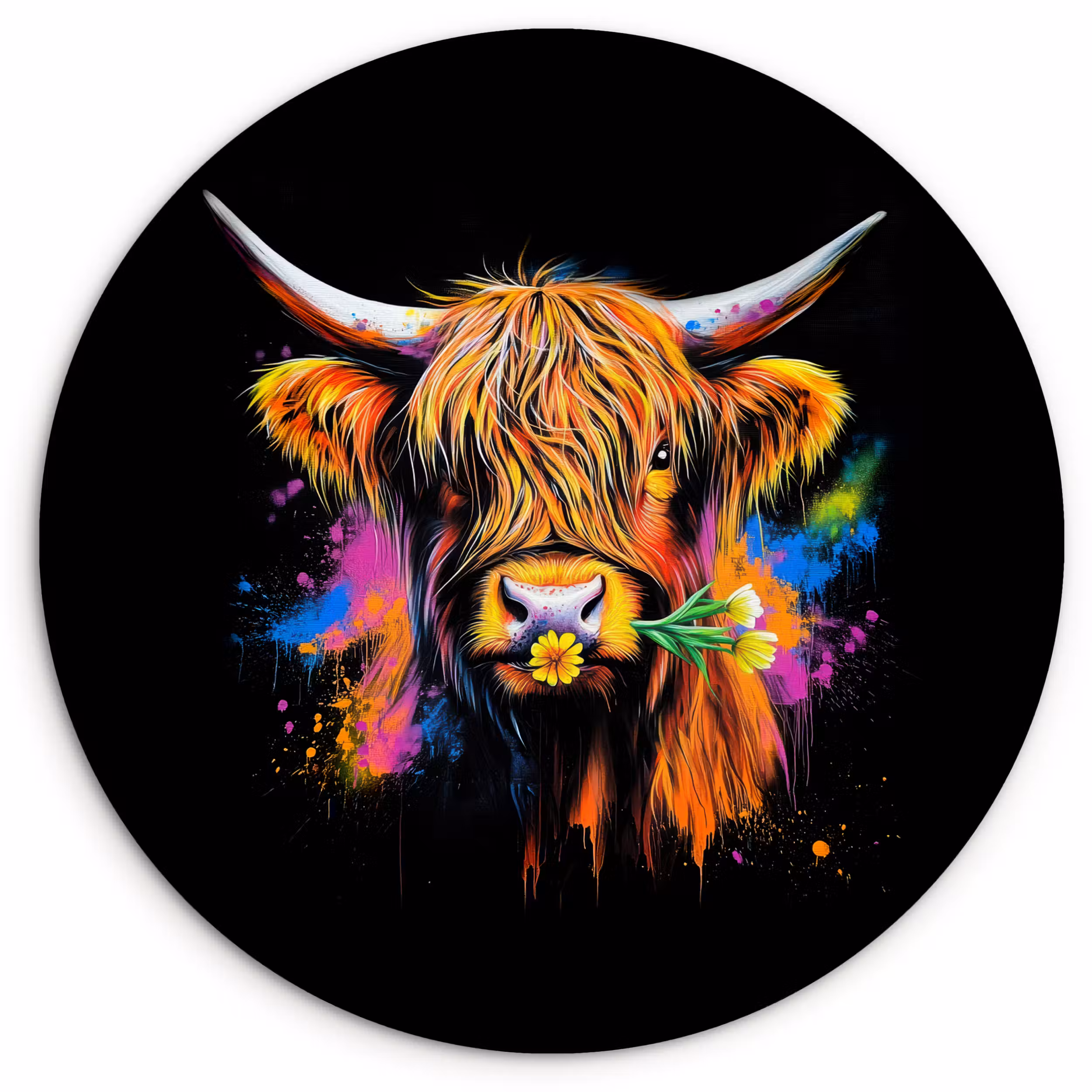 Muurcirkel glas - Schotse Hooglander - Graffiti - Kleurrijk - Bloem - Dieren