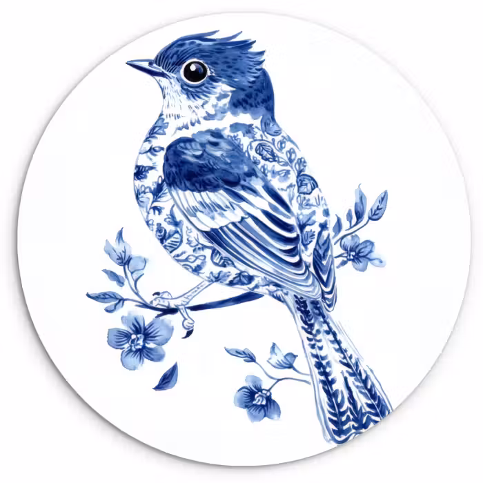 Muurcirkel glas - Vogel - Delfts blauw - Illustratie - Bloemen