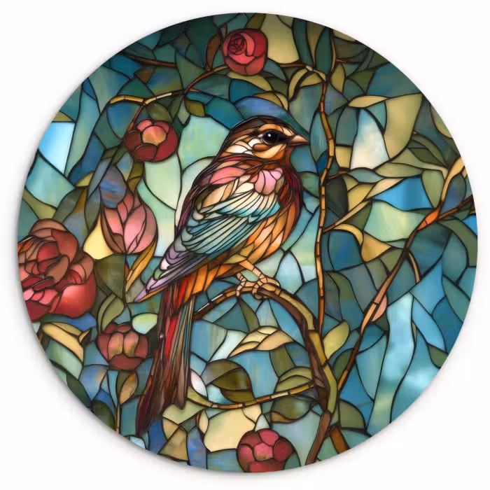 Muurcirkel glas - Vogel - Tak - Rozen - Mozaïek
