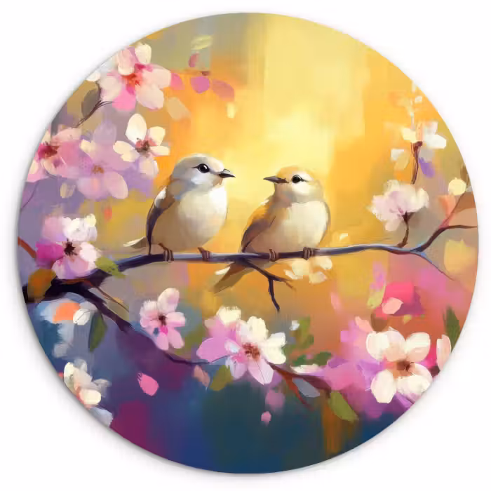 Muurcirkel glas - Vogels - Bloemen - Roze