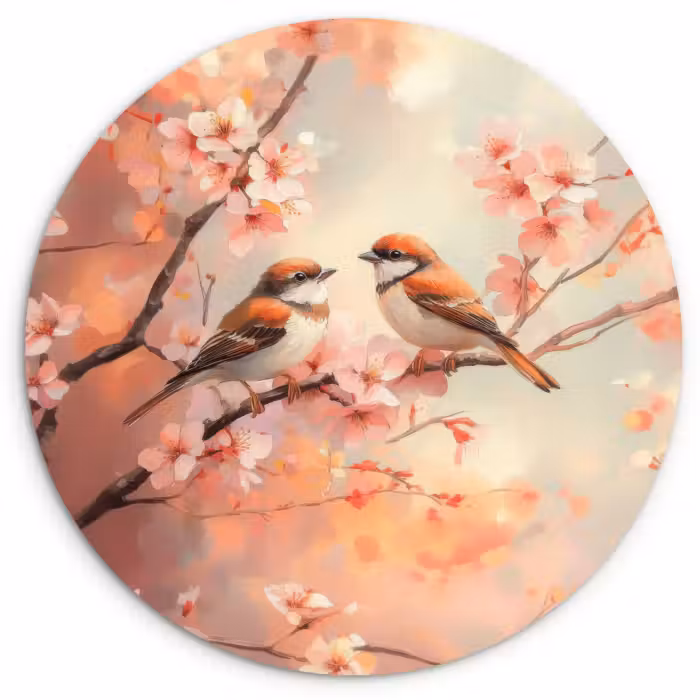 Muurcirkel glas - Vogels - Romantic - Bloesemtak