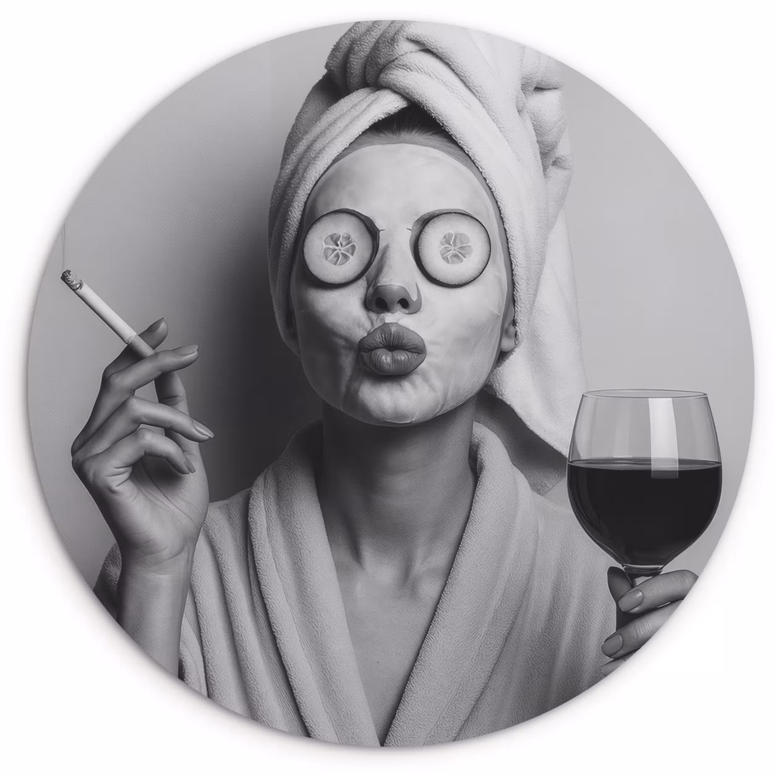 Muurcirkel glas - Vrouw - Masker - Wijn - Sigaret