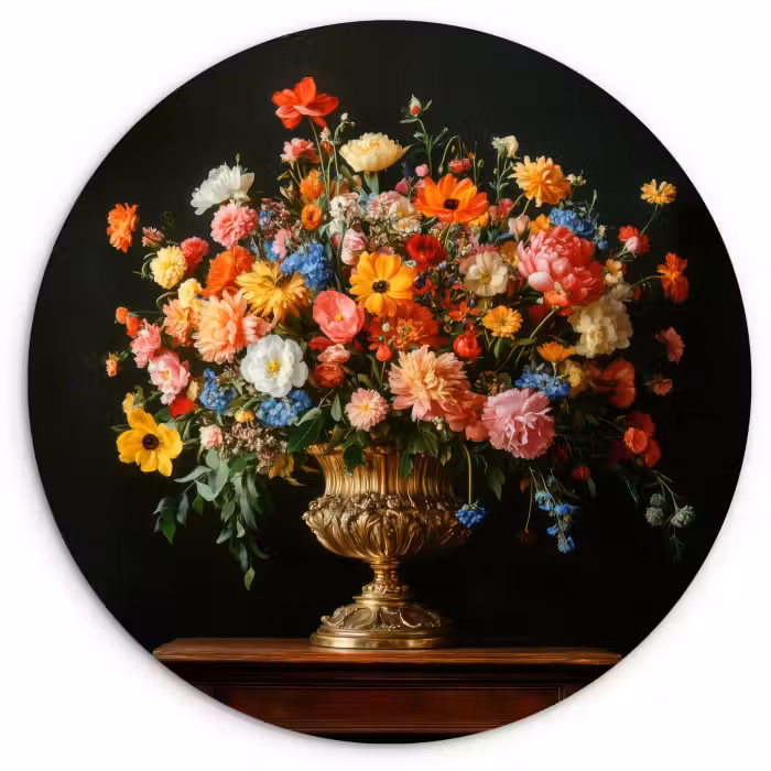 Muurcirkel - Goud - Bloemen - Kleuren - Vaas