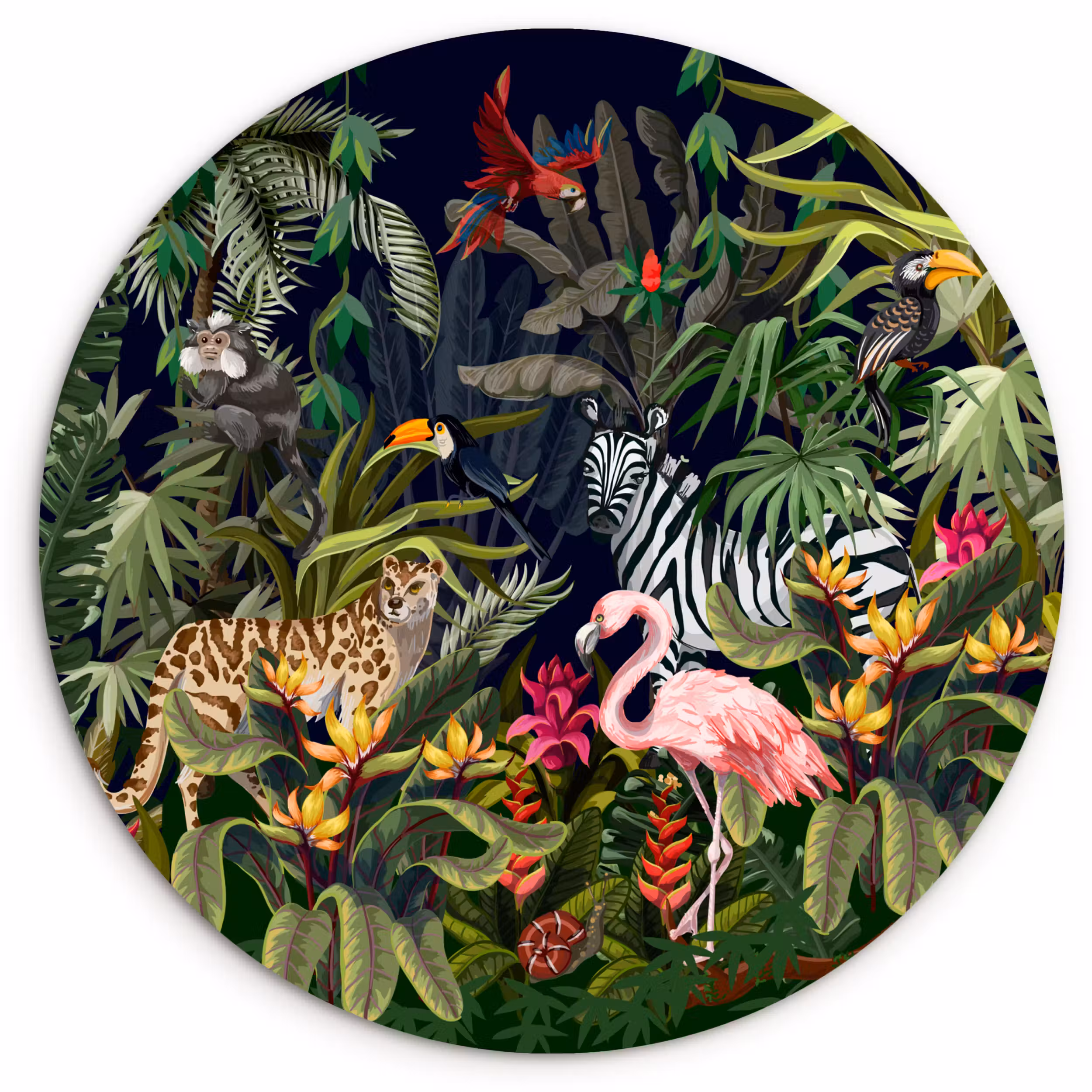 Muurcirkel - Jungle dieren - Natuur - Jongens - Meisjes - Flamingo - Zebra