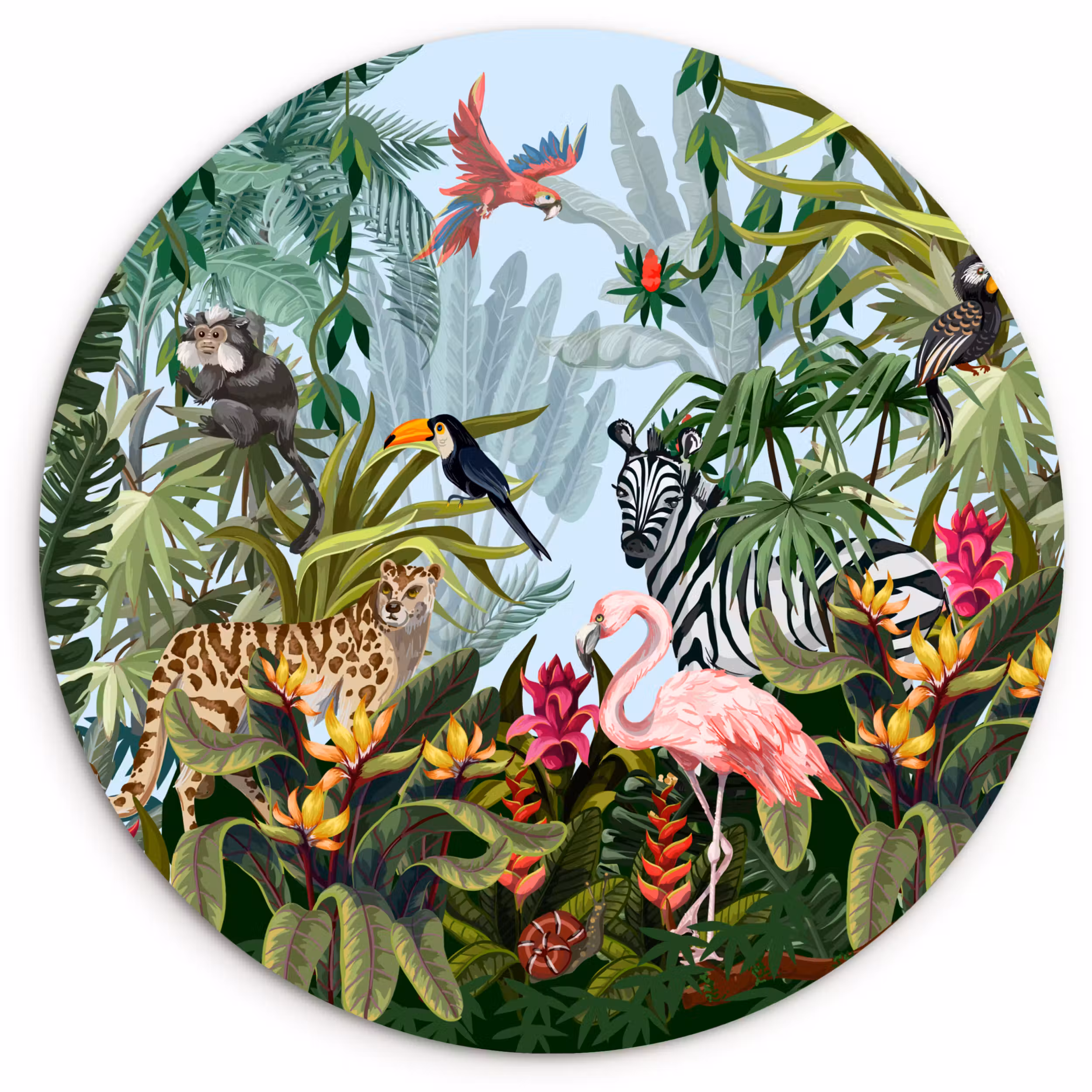Muurcirkel - Jungle - Natuur - Jongens - Meisjes - Kinderen - Zebra - Flamingo