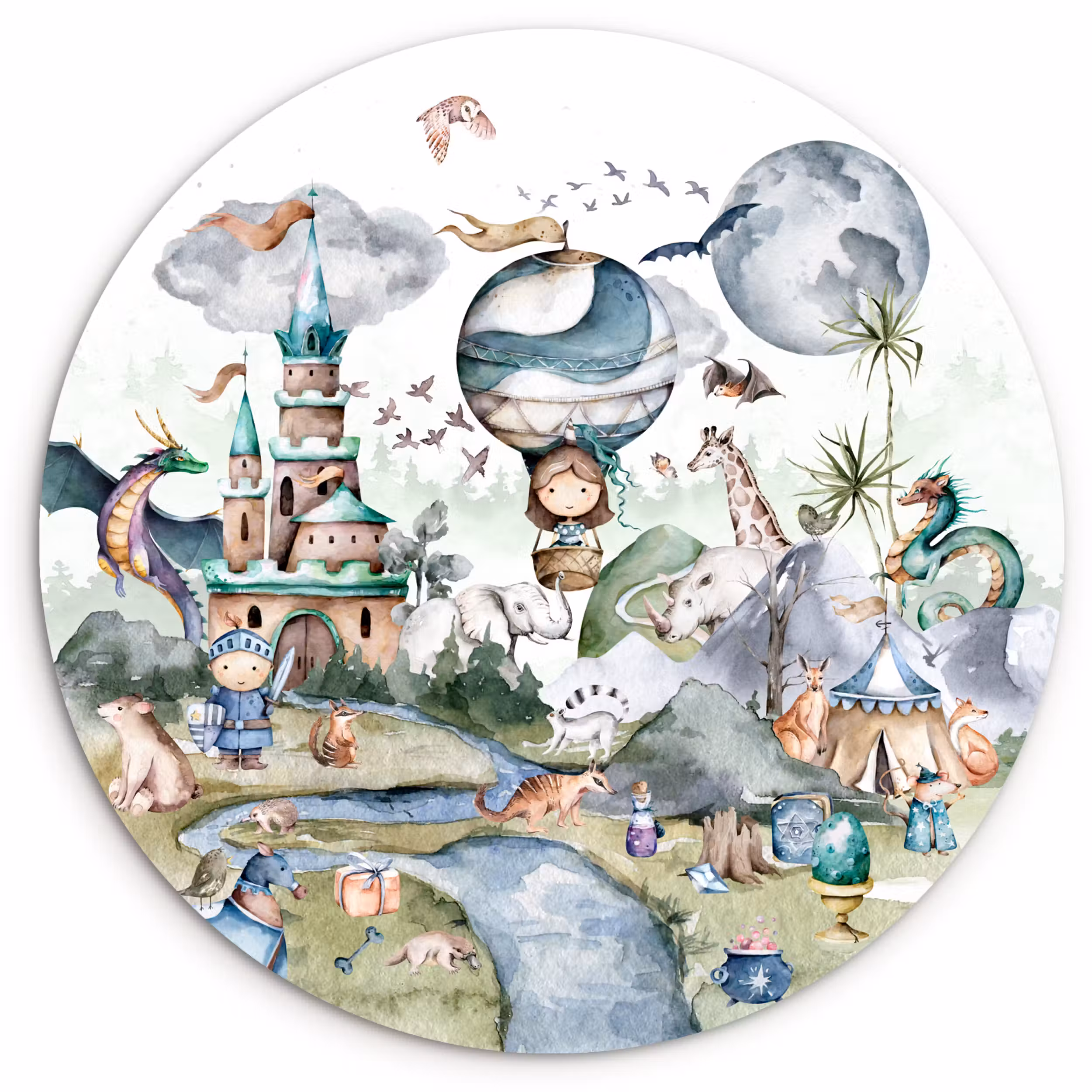 Muurcirkel - Kinderen - Luchtballon - Draak - Jongens - Kasteel - Waterverf