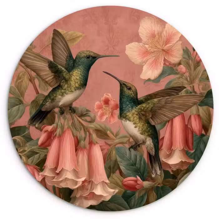 Muurcirkel - Kolibries - Bloemen - Groen - Roze