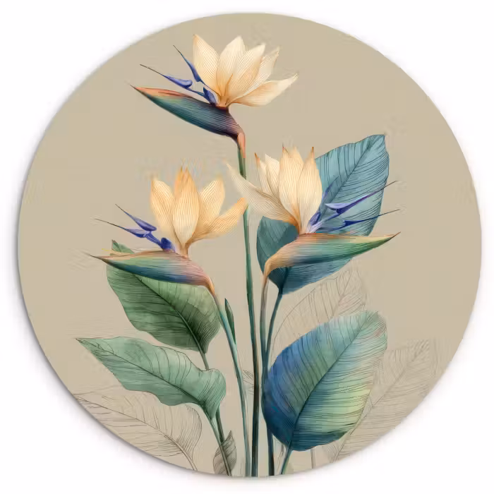 Muurcirkel - Paradijsvogelbloemen - Blauwgroene bladeren - Beige