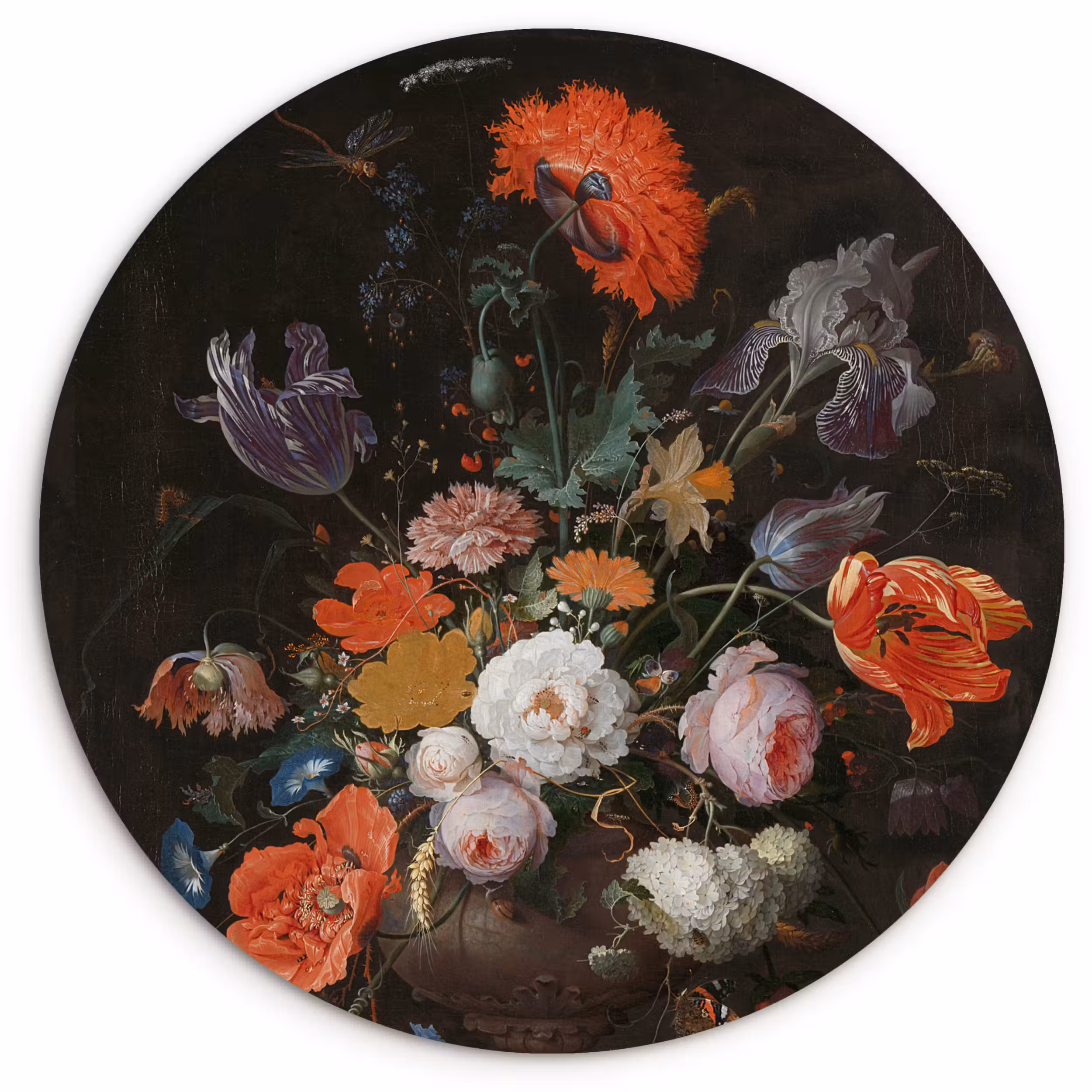 Muurcirkel - Stilleven met bloemen en een horloge - Schilderij van Abraham Mignon