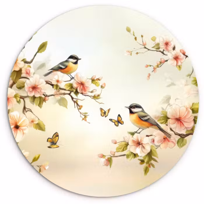 Muurcirkel - Takken - Bloemen - Vogeltjes - Roze