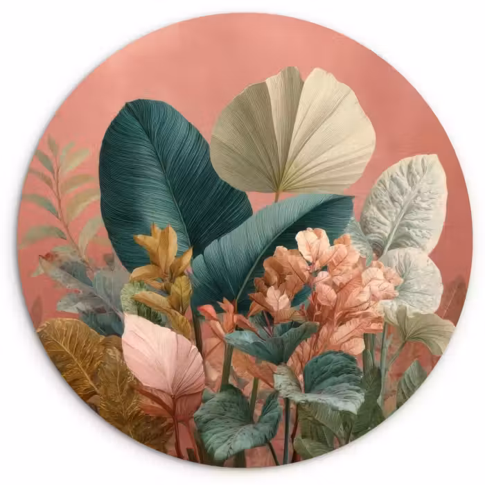 Muurcirkel - Tropische bladeren - Bloemen - Roze - groen
