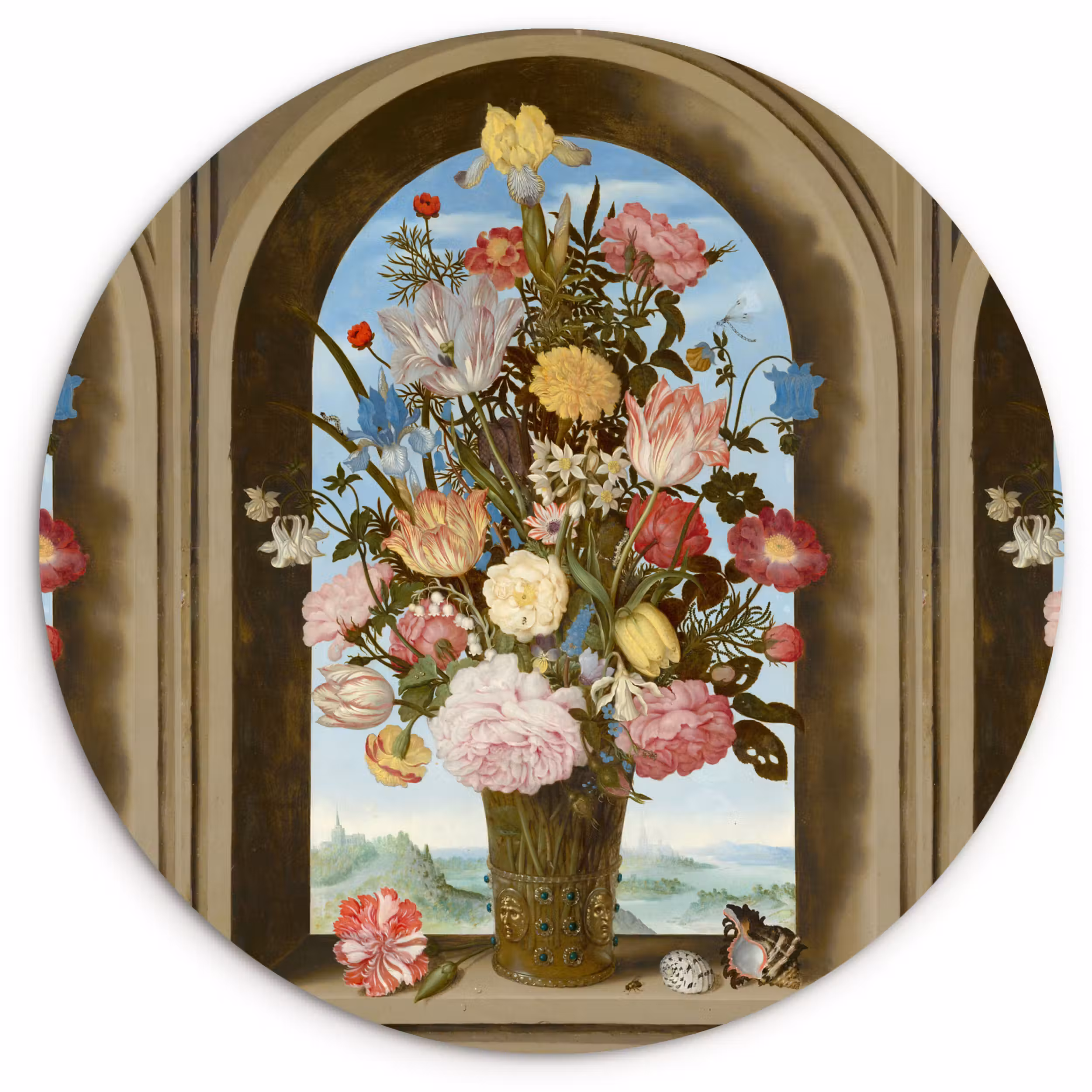 Muurcirkel - Vaas met bloemen in een venster - Schilderij van Ambrosius Bosschaert de Oude