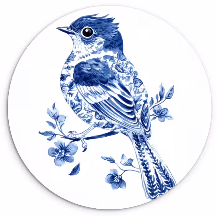 Muurcirkel - Vogel - Delfts blauw - Illustratie - Bloemen