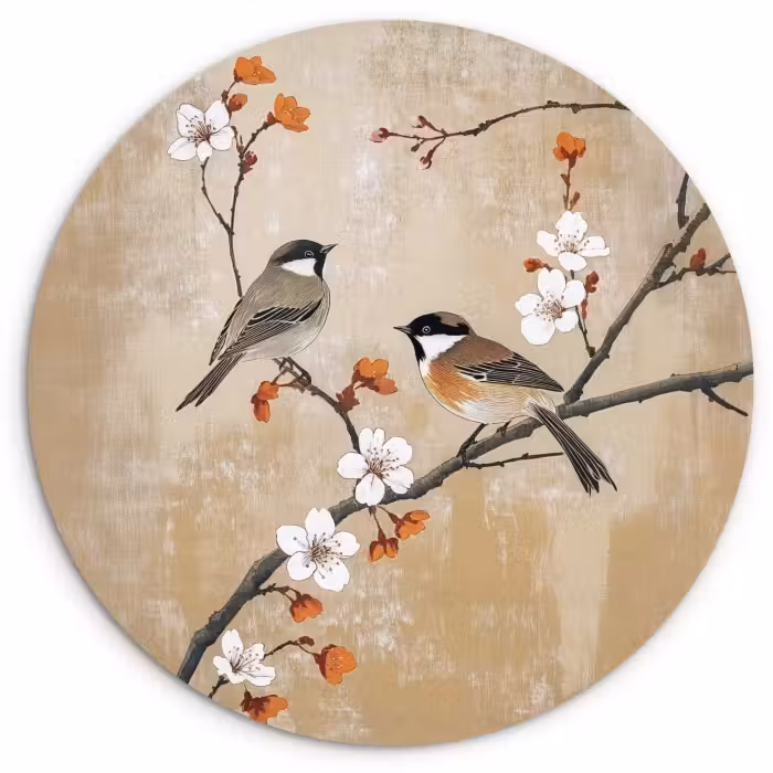 Muurcirkel - Vogels - Bloesemtak - Bloemen - Oranje