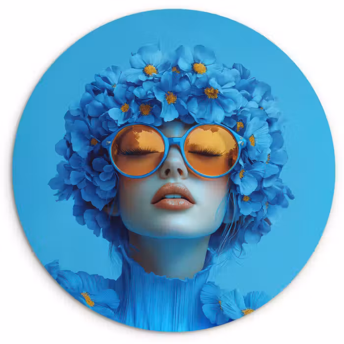 Muurcirkel - Vrouw - Bloem - Blauw - Modern - Bril - Portret