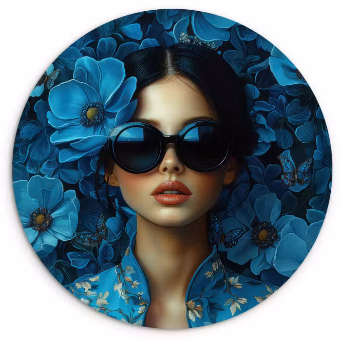 Muurcirkel - Vrouw - Bloemen - Blauw - Aesthetic - Luxe