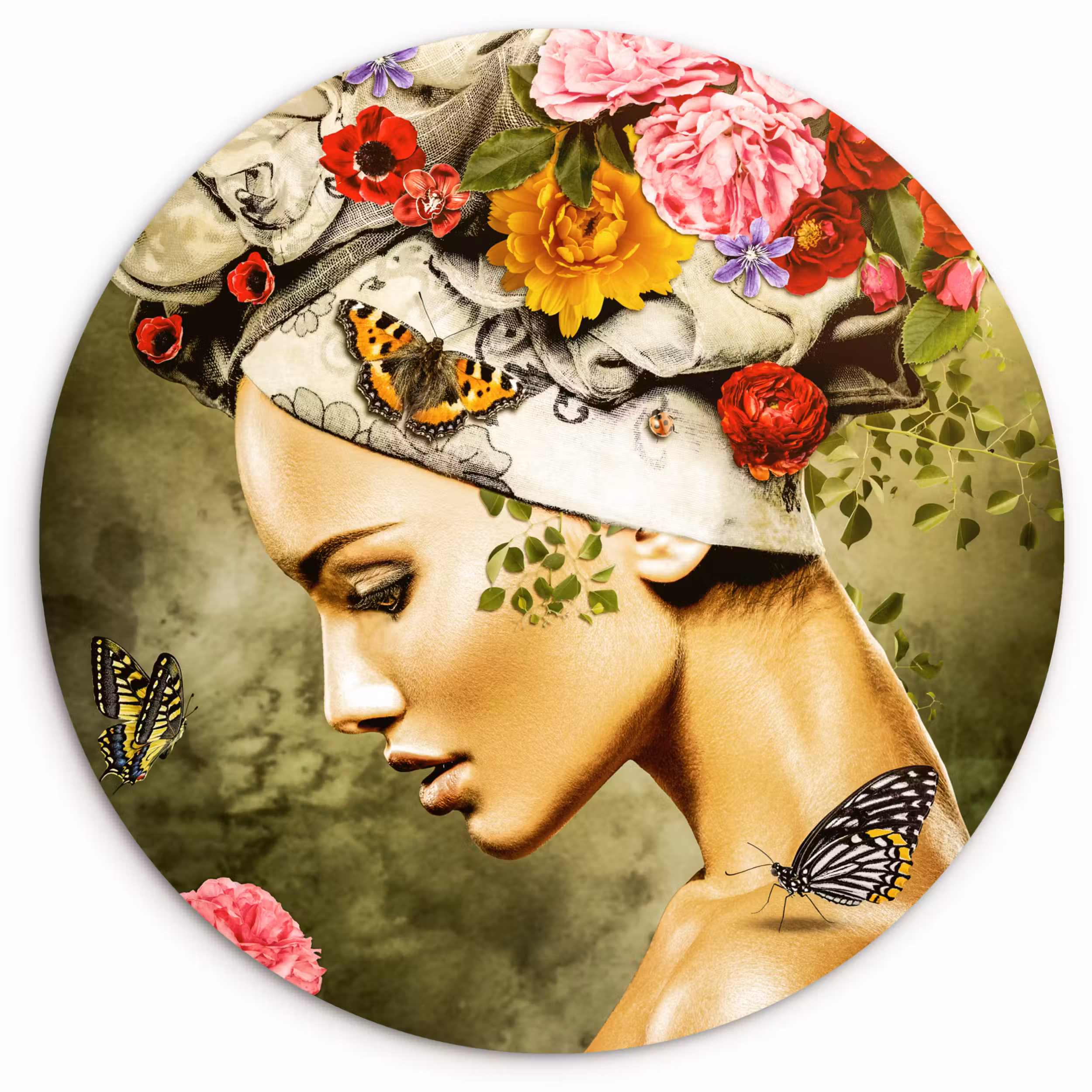 Muurcirkel - Vrouw - Bloemen - Kleuren - Vlinders - Rozen - Hoofddoek