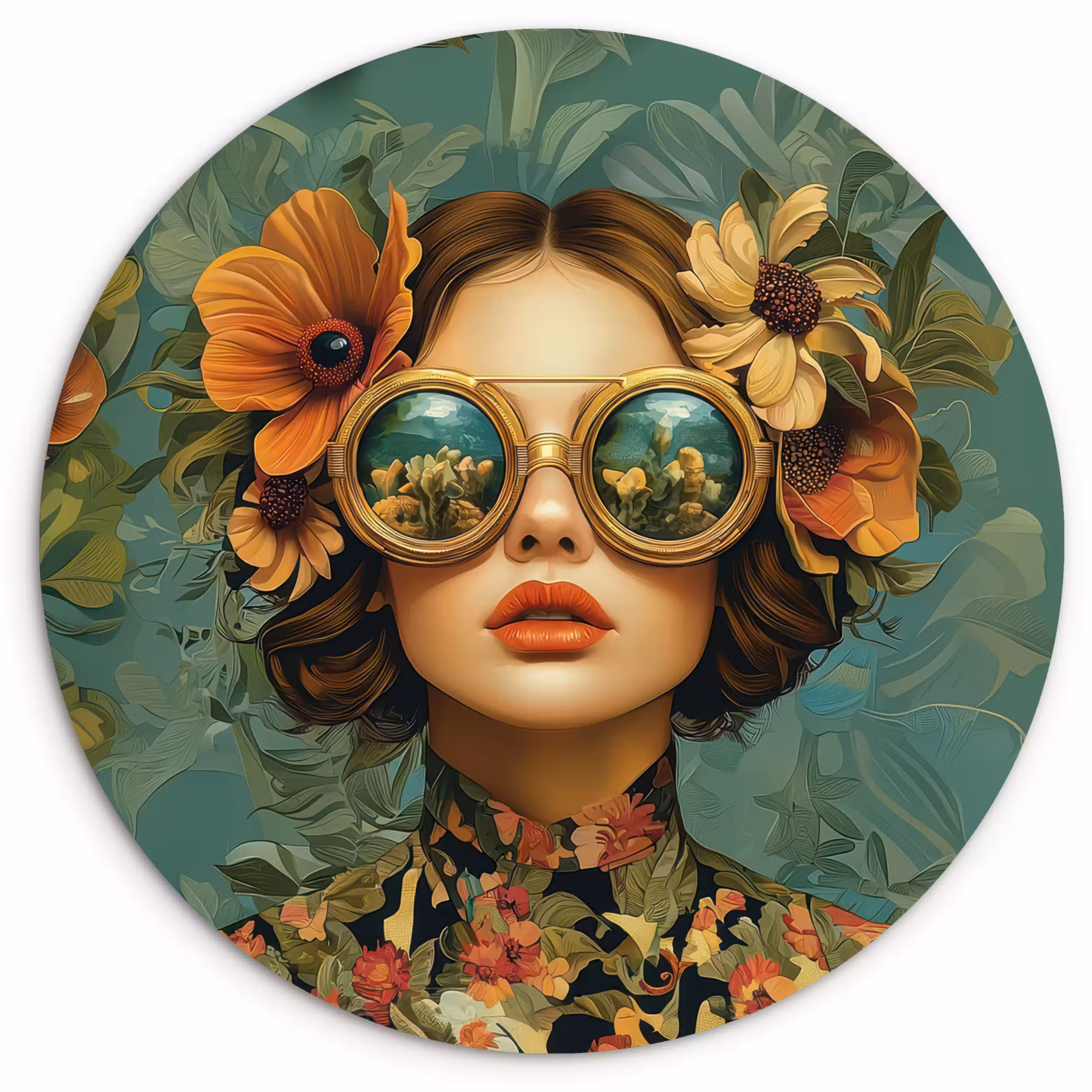 Muurcirkel - Vrouw - Bloemen - Vlinders - Natuur - Vintage