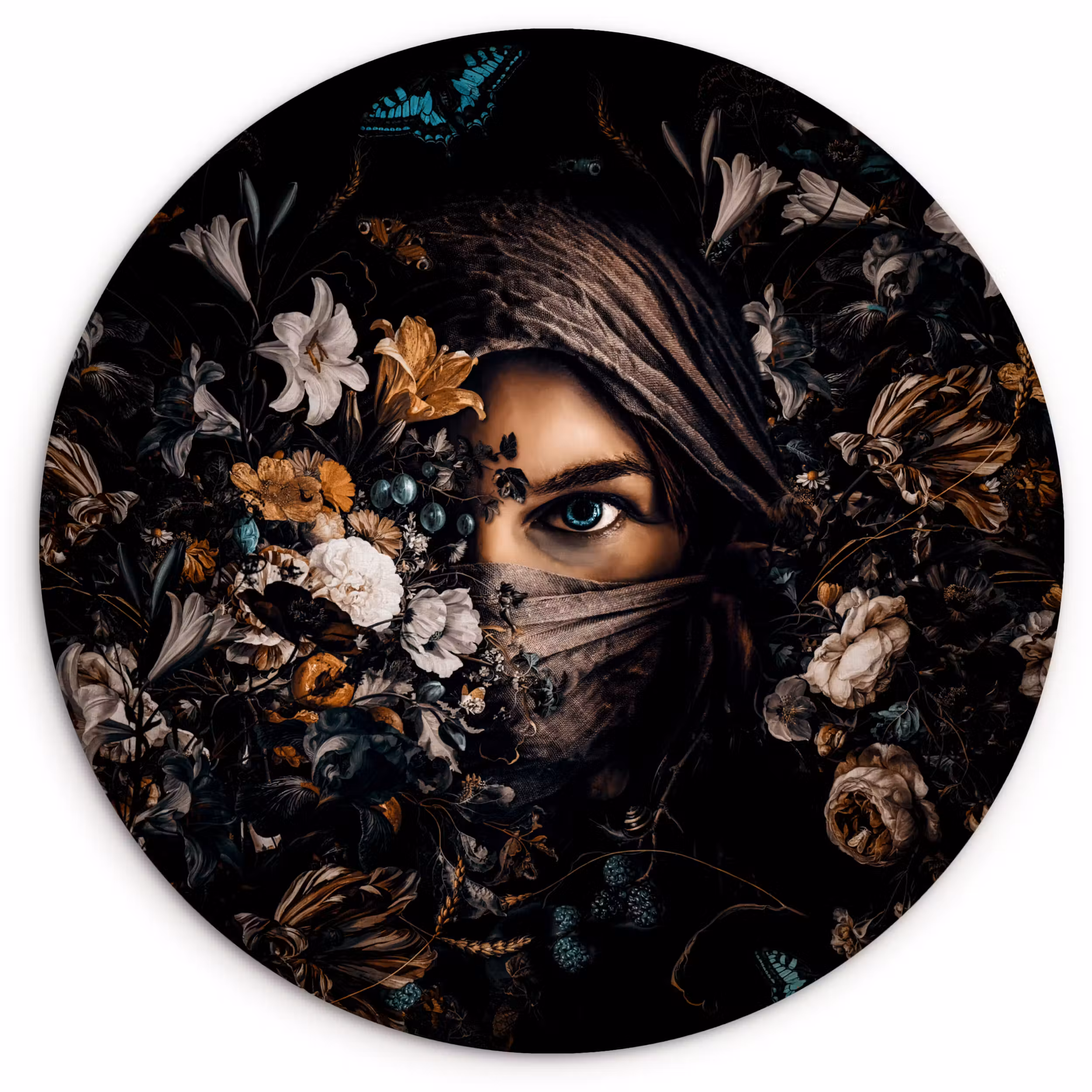 Muurcirkel - Vrouw - Luxe - Bloemen - Vlinder - Portret