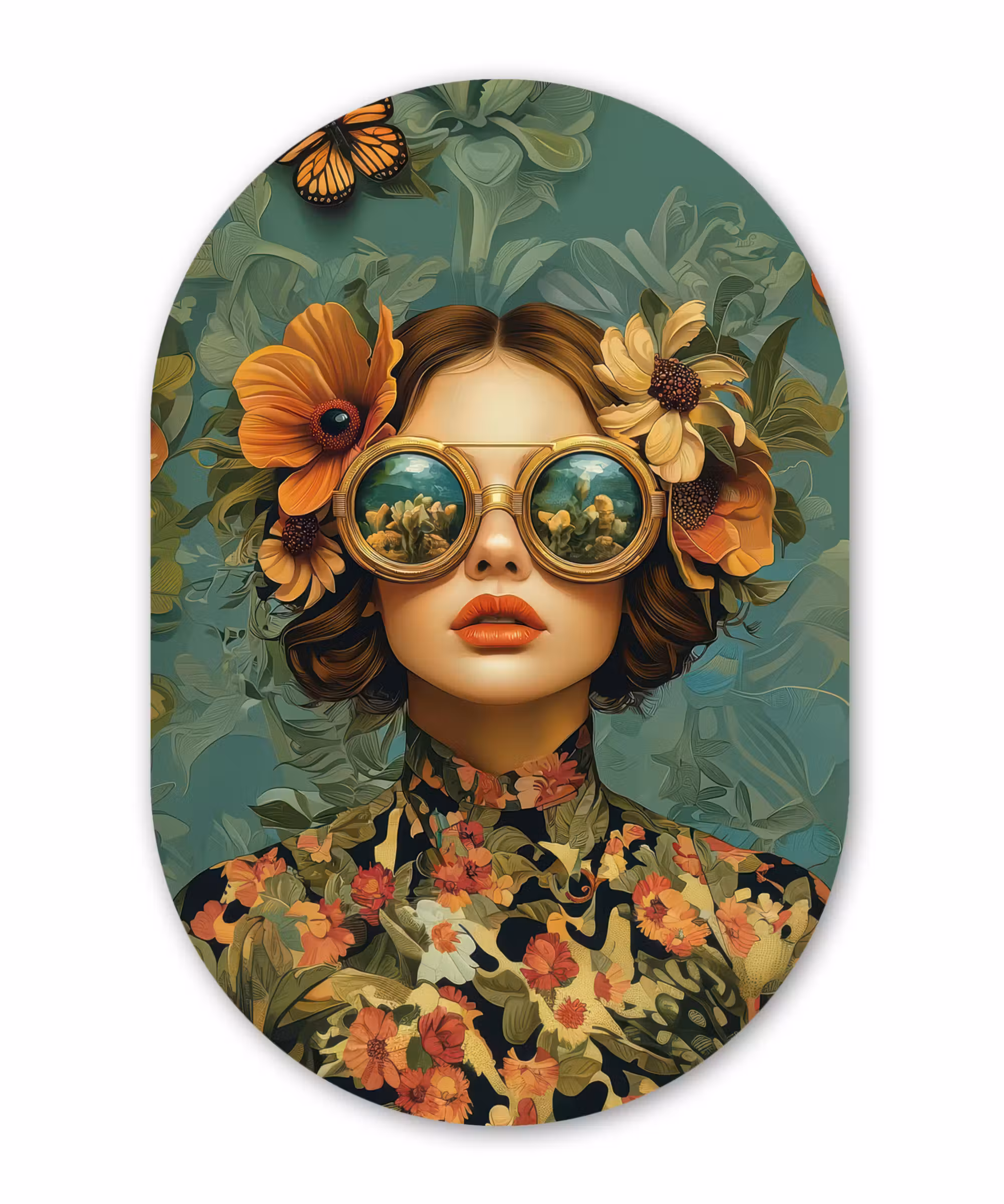 Muurovaal - aluminium - Vrouw - Bloemen - Vlinders - Natuur - Vintage