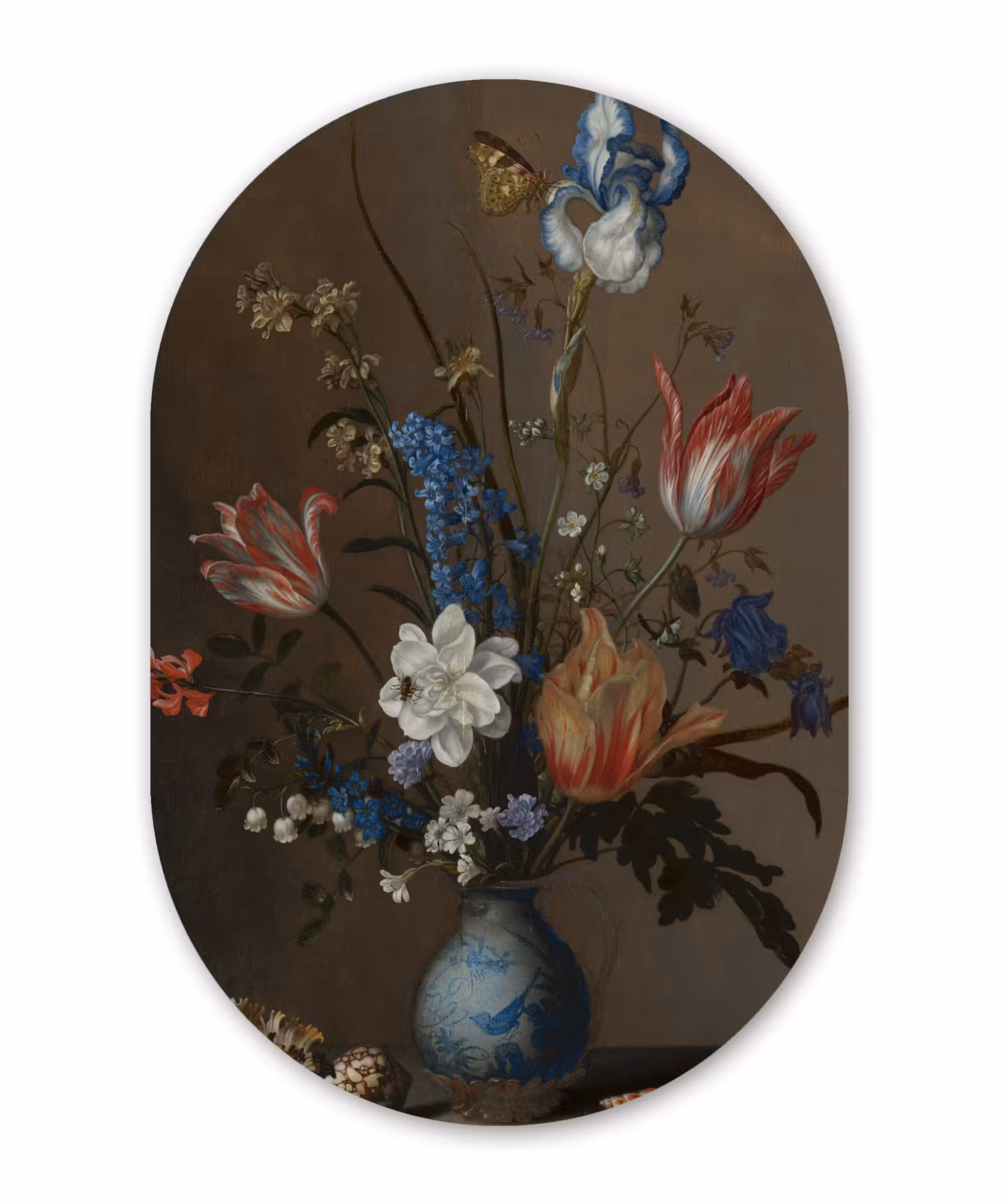Muurovaal - Bloemen in een Wan-Li vaas en schelpen - Schilderij van Balthasar van der Ast