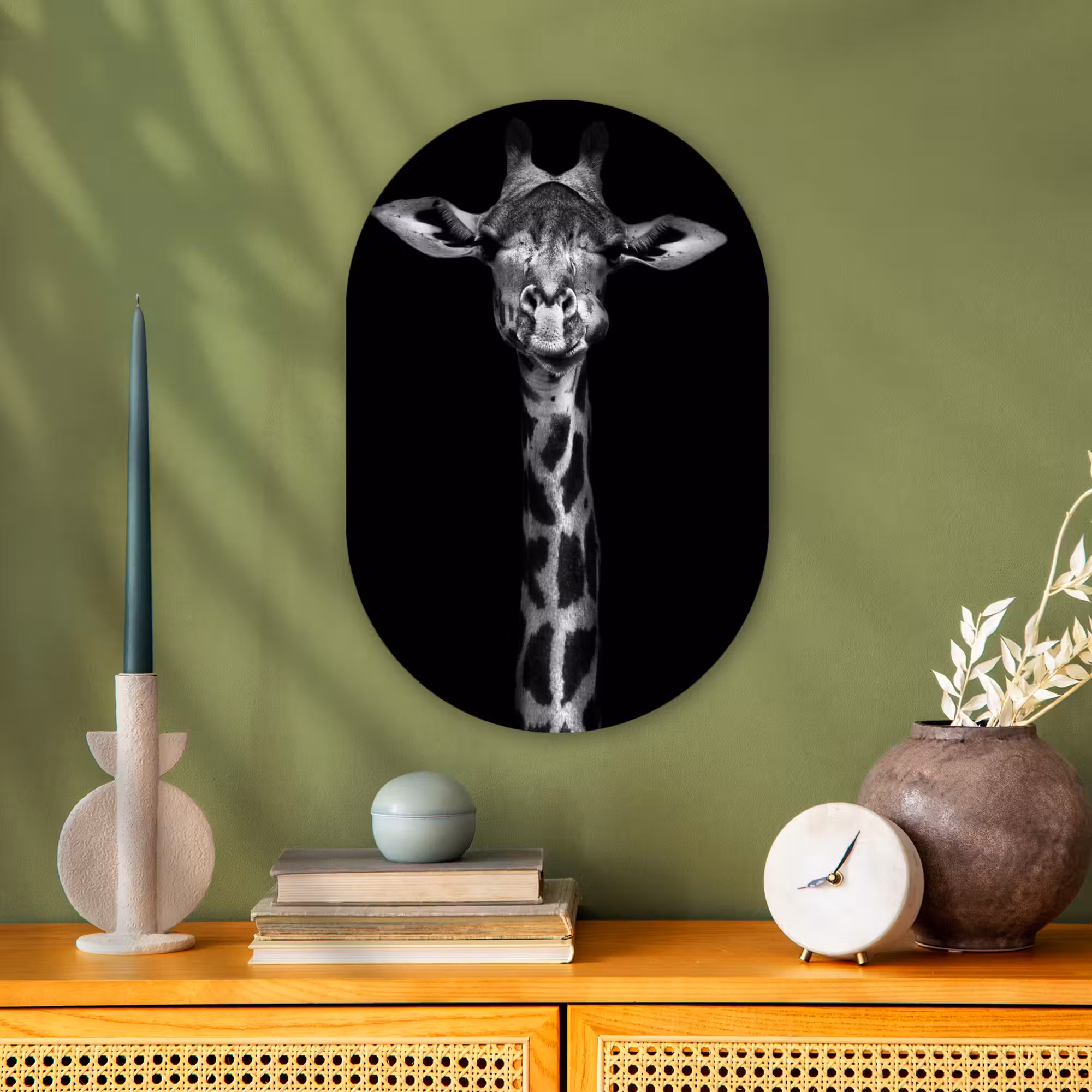 Muurovaal - Giraffe - Portret - Dieren - Zwart - Wit