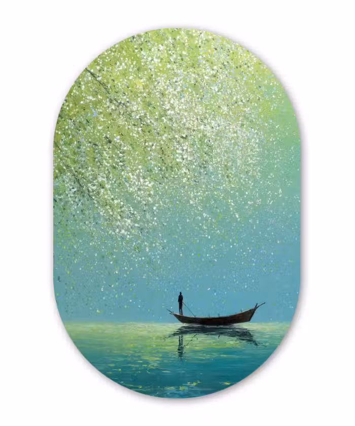 Muurovaal - Kunststof - Bootje - Water - Bladeren - Bloesems
