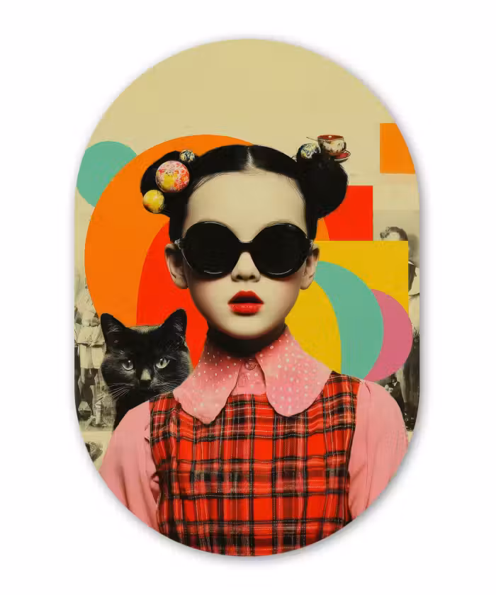 Muurovaal - Kunststof - Meisje - Zonnebril - Kat - Retro