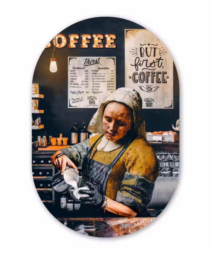 Muurovaal - Melkmeisje - Barista - Koffie - Vintage - Kunst - Abstract - Schilderij - Oude meesters
