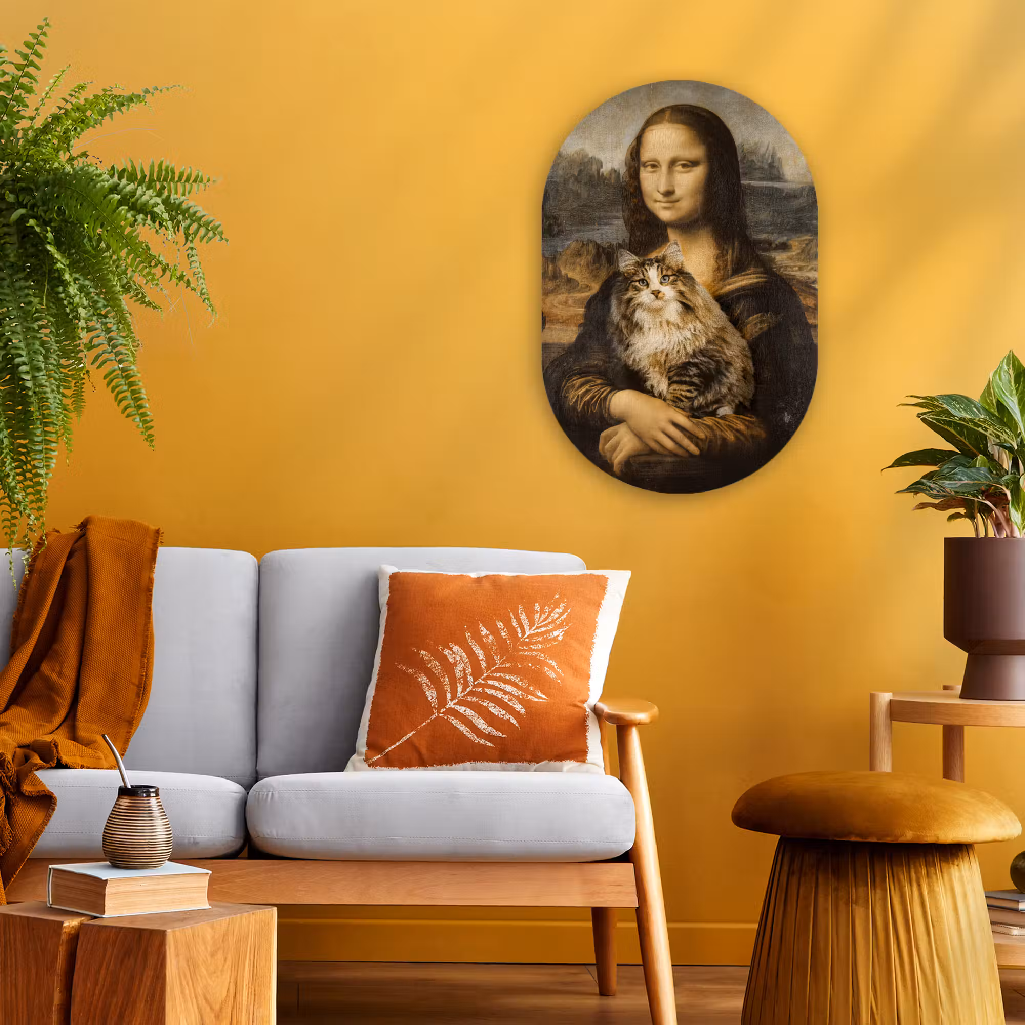 Muurovaal - Mona Lisa - Kat - Leonardo da Vinci - Vintage - Kunstwerk - Oude meesters - Schilderij