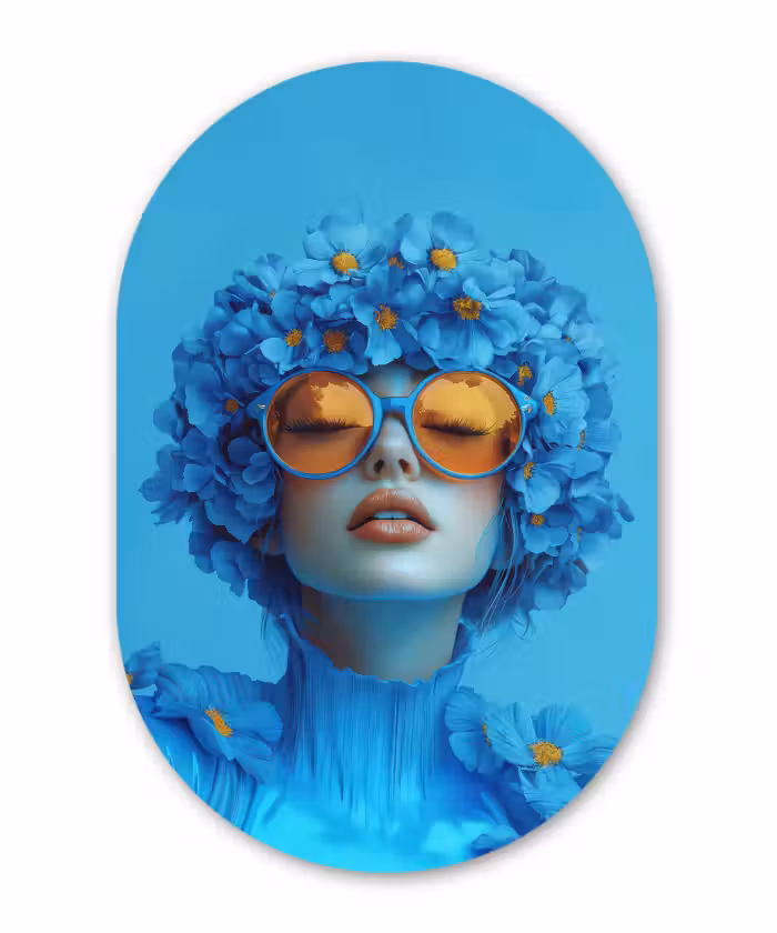 Muurovaal - Vrouw - Bloem - Blauw - Modern - Bril - Portret