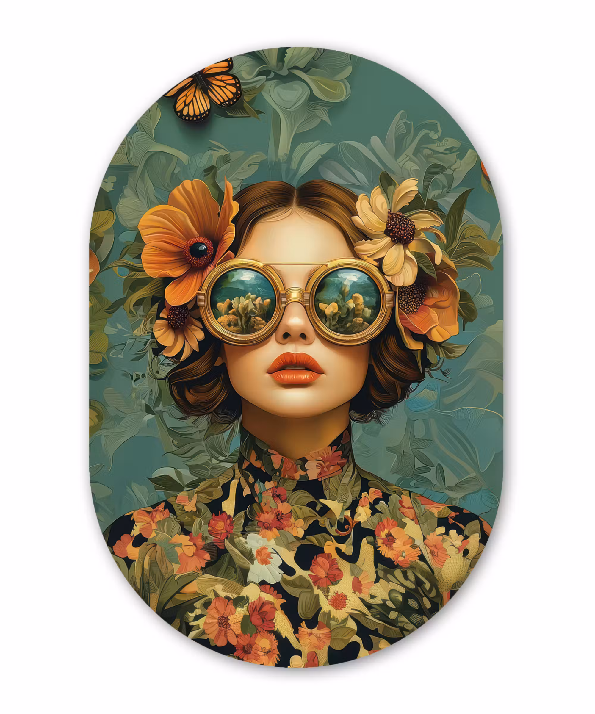 Muurovaal - Vrouw - Bloemen - Vlinders - Natuur - Vintage