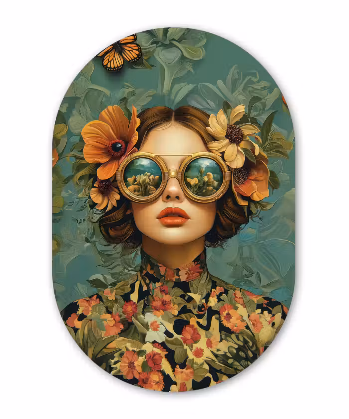 Muurovaal - Vrouw - Bloemen - Vlinders - Natuur - Vintage