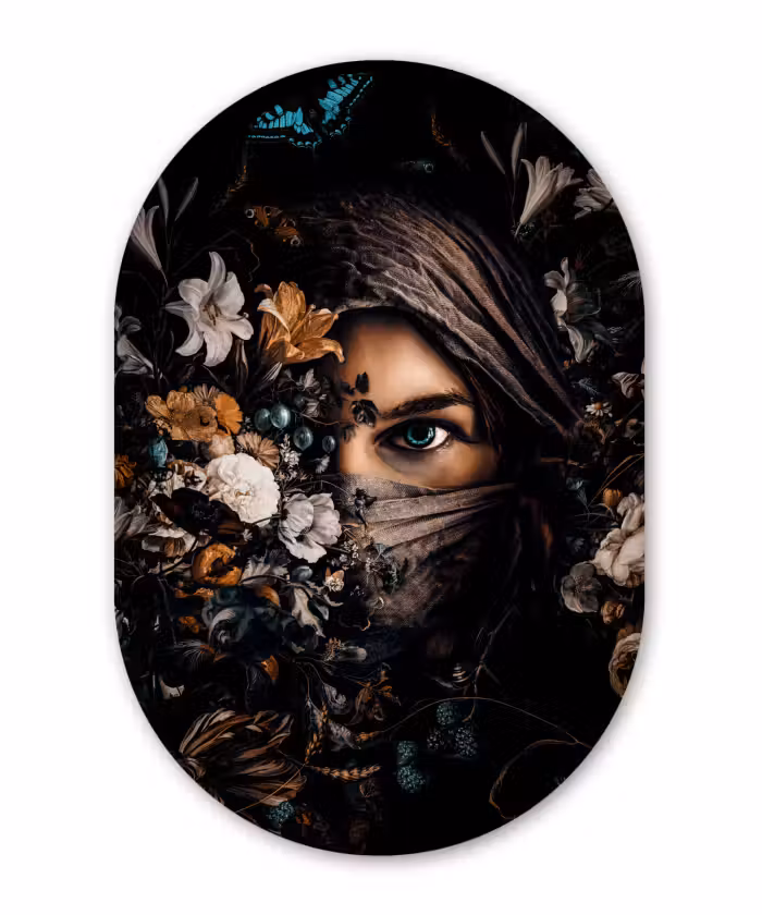 Muurovaal - Vrouw - Luxe - Bloemen - Vlinder - Portret