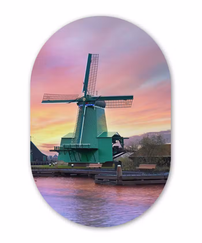Muurovaal - Kunststof - Windmolens met paarse lucht in Nederland