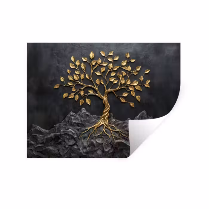 Muursticker - Bladeren - Goud - Boom - Rots